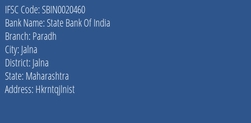 State Bank Of India Paradh Branch Jalna IFSC Code SBIN0020460