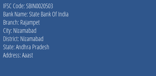 State Bank Of India Rajampet Branch Nizamabad IFSC Code SBIN0020503