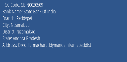 State Bank Of India Reddypet Branch Nizamabad IFSC Code SBIN0020509