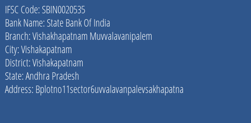 State Bank Of India Vishakhapatnam Muvvalavanipalem Branch Vishakapatnam IFSC Code SBIN0020535