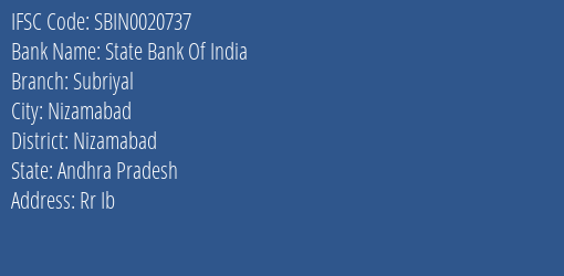 State Bank Of India Subriyal Branch Nizamabad IFSC Code SBIN0020737