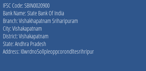 State Bank Of India Vishakhapatnam Sriharipuram Branch Vishakapatnam IFSC Code SBIN0020900