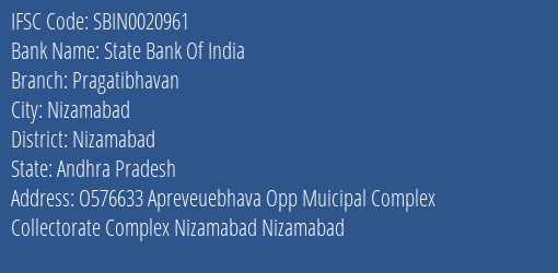 State Bank Of India Pragatibhavan Branch Nizamabad IFSC Code SBIN0020961