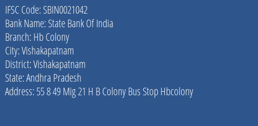 State Bank Of India Hb Colony Branch Vishakapatnam IFSC Code SBIN0021042