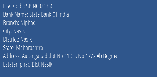 State Bank Of India Niphad Branch Nasik IFSC Code SBIN0021336