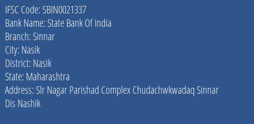 State Bank Of India Sinnar Branch Nasik IFSC Code SBIN0021337