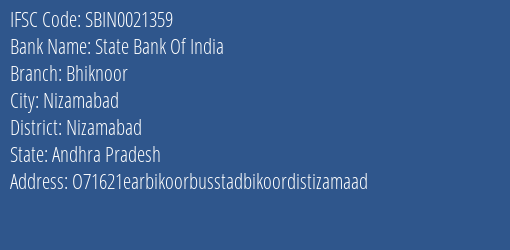 State Bank Of India Bhiknoor Branch Nizamabad IFSC Code SBIN0021359