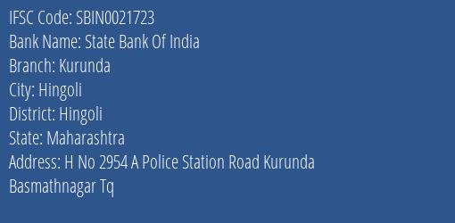 State Bank Of India Kurunda Branch Hingoli IFSC Code SBIN0021723