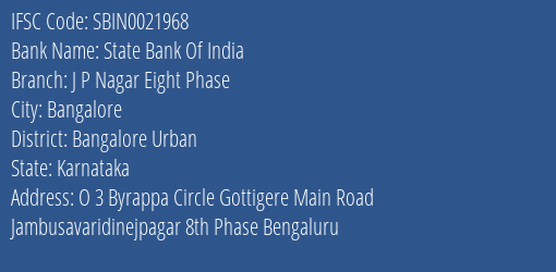 State Bank Of India J P Nagar Eight Phase Branch, Branch Code 021968 & IFSC Code Sbin0021968
