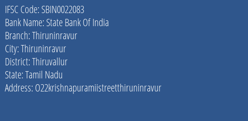 State Bank Of India Thiruninravur Branch, Branch Code 022083 & IFSC Code Sbin0022083