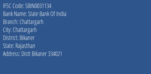 State Bank Of India Chattargarh Branch, Branch Code 031134 & IFSC Code Sbin0031134