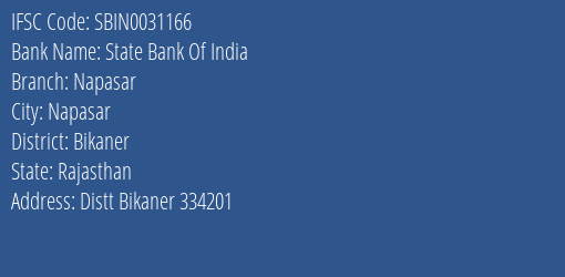 State Bank Of India Napasar Branch Bikaner IFSC Code SBIN0031166