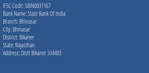 State Bank Of India Bhinasar Branch, Branch Code 031167 & IFSC Code Sbin0031167