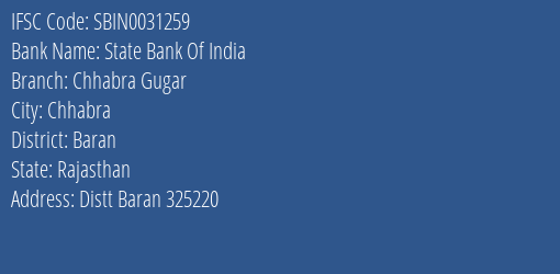 State Bank Of India Chhabra Gugar Branch Baran IFSC Code SBIN0031259