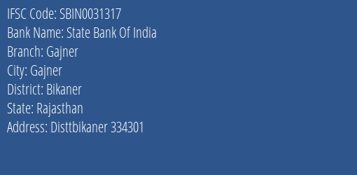 State Bank Of India Gajner Branch, Branch Code 031317 & IFSC Code Sbin0031317
