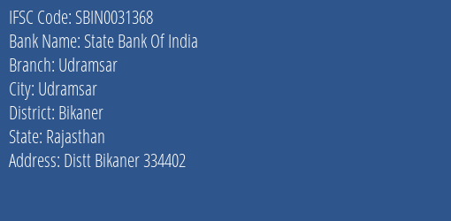 State Bank Of India Udramsar Branch, Branch Code 031368 & IFSC Code Sbin0031368