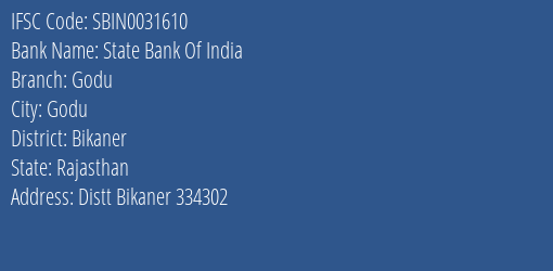 State Bank Of India Godu Branch, Branch Code 031610 & IFSC Code Sbin0031610