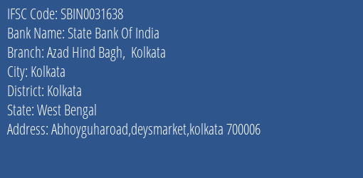 State Bank Of India Azad Hind Bagh Kolkata Branch Kolkata IFSC Code SBIN0031638