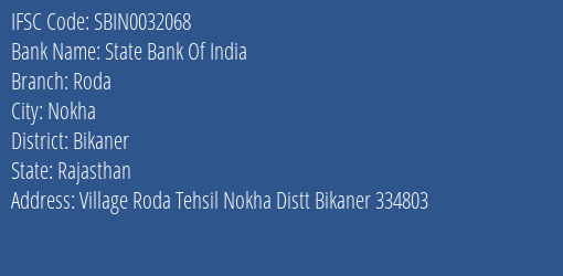 State Bank Of India Roda Branch, Branch Code 032068 & IFSC Code Sbin0032068