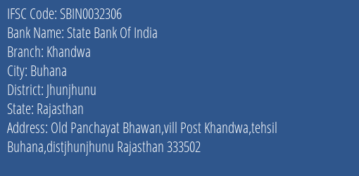 State Bank Of India Khandwa Branch Jhunjhunu IFSC Code SBIN0032306