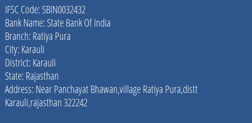 State Bank Of India Ratiya Pura Branch Karauli IFSC Code SBIN0032432