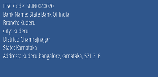State Bank Of India Kuderu Branch, Branch Code 040070 & IFSC Code Sbin0040070