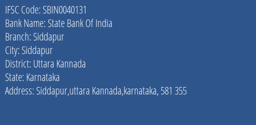 State Bank Of India Siddapur Branch, Branch Code 040131 & IFSC Code Sbin0040131