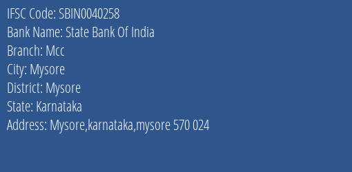 State Bank Of India Mcc Branch, Branch Code 040258 & IFSC Code Sbin0040258