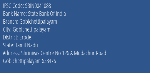 State Bank Of India Gobichettipalayam Branch, Branch Code 041088 & IFSC Code Sbin0041088