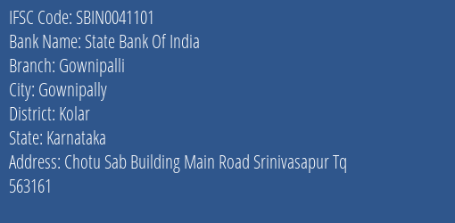 State Bank Of India Gownipalli Branch, Branch Code 041101 & IFSC Code Sbin0041101