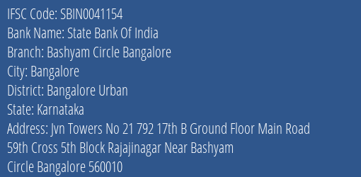 State Bank Of India Bashyam Circle Bangalore Branch, Branch Code 041154 & IFSC Code Sbin0041154