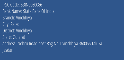 State Bank Of India Vinchhiya Branch Vinchhiya IFSC Code SBIN0060086