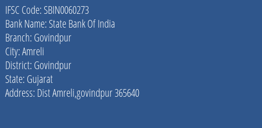 State Bank Of India Govindpur Branch Govindpur IFSC Code SBIN0060273