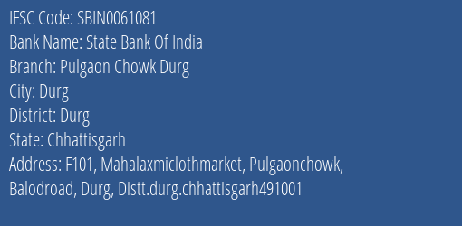 State Bank Of India Pulgaon Chowk Durg Branch Durg IFSC Code SBIN0061081
