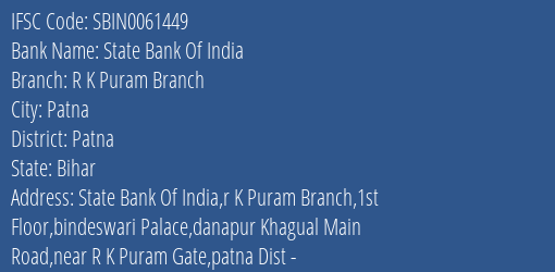 State Bank Of India R K Puram Branch Branch, Branch Code 061449 & IFSC Code Sbin0061449