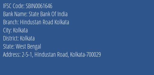 State Bank Of India Hindustan Road Kolkata Branch Kolkata IFSC Code SBIN0061646