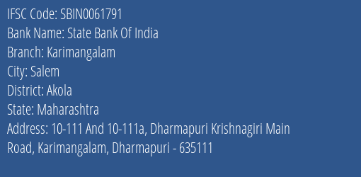 State Bank Of India Karimangalam Branch Akola IFSC Code SBIN0061791