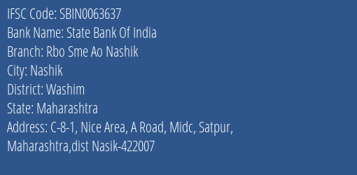 State Bank Of India Rbo Sme Ao Nashik Branch Washim IFSC Code SBIN0063637