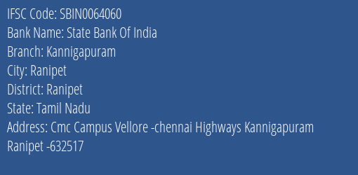 State Bank Of India Kannigapuram Branch, Branch Code 064060 & IFSC Code Sbin0064060
