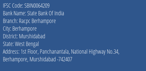 State Bank Of India Racpc Berhampore Branch Murshidabad IFSC Code SBIN0064209