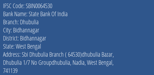State Bank Of India Dhubulia Branch Bidhannagar IFSC Code SBIN0064530