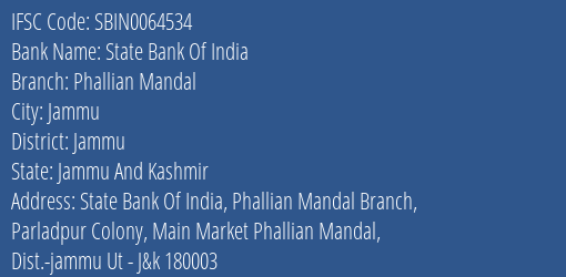 State Bank Of India Phallian Mandal Branch Jammu IFSC Code SBIN0064534