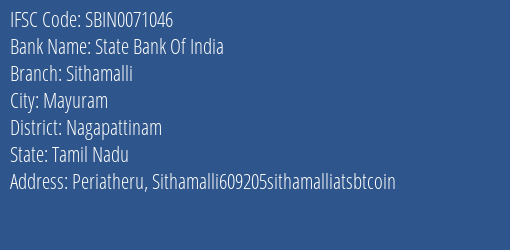 State Bank Of India Sithamalli Branch, Branch Code 071046 & IFSC Code Sbin0071046