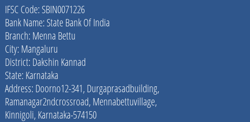 State Bank Of India Menna Bettu Branch, Branch Code 071226 & IFSC Code Sbin0071226