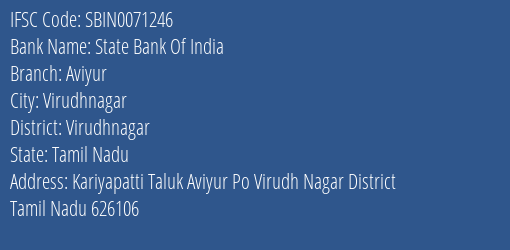 State Bank Of India Aviyur Branch, Branch Code 071246 & IFSC Code Sbin0071246