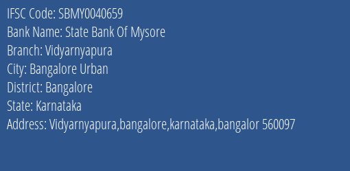 State Bank Of Mysore Vidyarnyapura Branch, Branch Code 040659 & IFSC Code Sbmy0040659