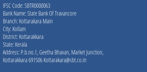 State Bank Of Travancore Kottarakara Main Branch, Branch Code 000063 & IFSC Code Sbtr0000063