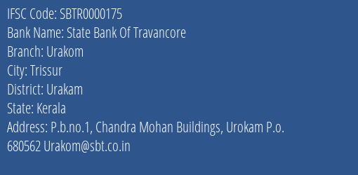 State Bank Of Travancore Urakom Branch, Branch Code 000175 & IFSC Code Sbtr0000175