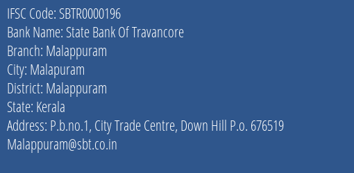 State Bank Of Travancore Malappuram Branch, Branch Code 000196 & IFSC Code Sbtr0000196