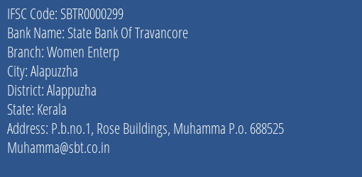 State Bank Of Travancore Women Enterp Branch, Branch Code 000299 & IFSC Code Sbtr0000299